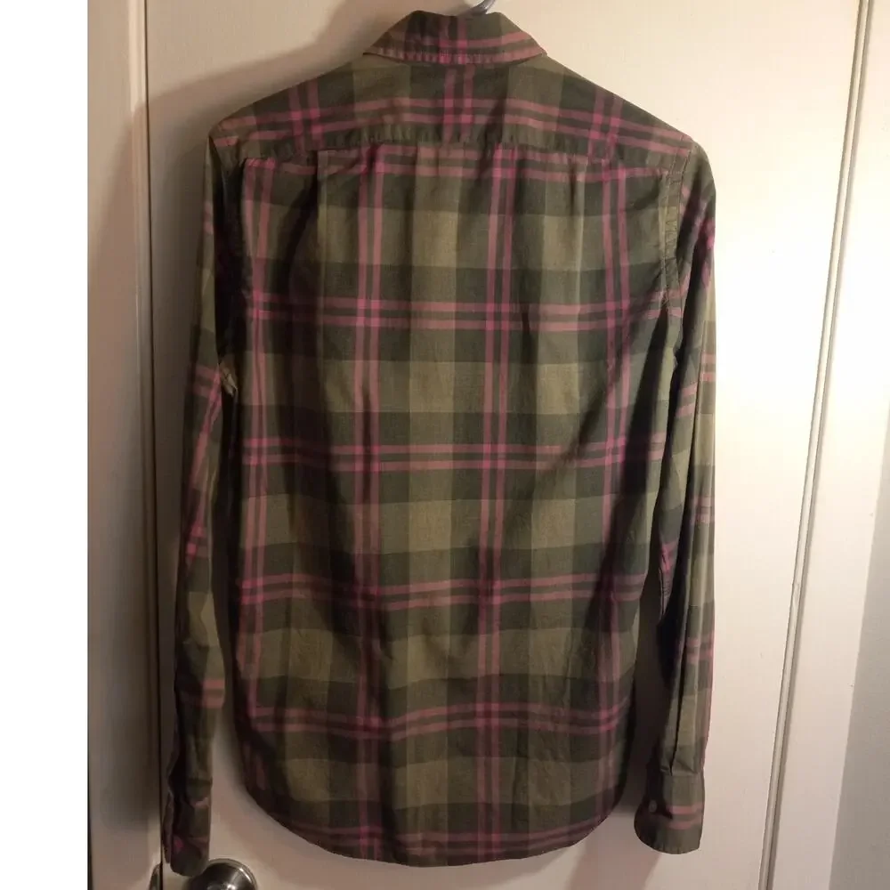 J Crew Slim Fit Olive Green Pink Plaid Button Down Shirt Preppy Heritage XS